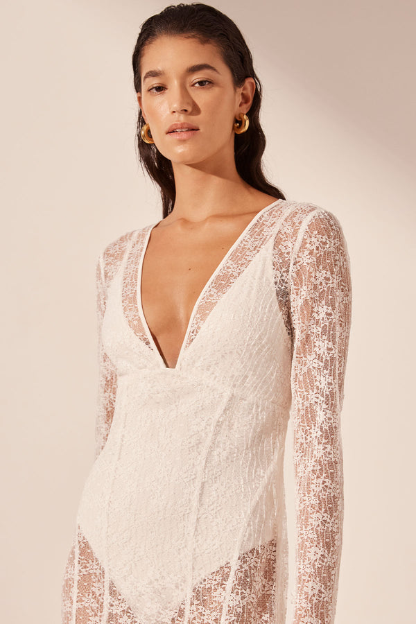 LA LUNE SOL LACE PLUNGED PANELLED MAXI DRESS - IVORY_D