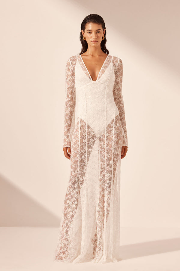 LA LUNE SOL LACE PLUNGED PANELLED MAXI DRESS - IVORY_F2