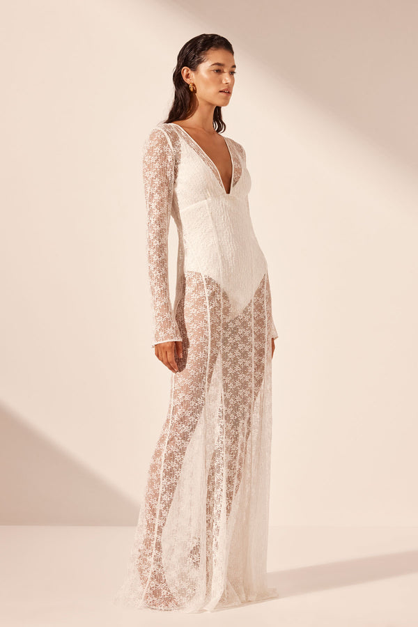 LA LUNE SOL LACE PLUNGED PANELLED MAXI DRESS - IVORY_A