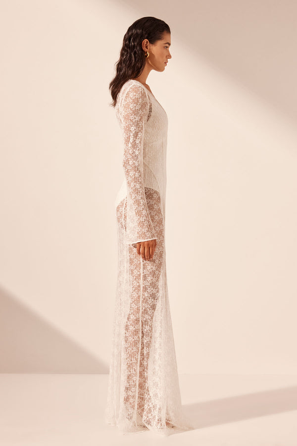 LA LUNE SOL LACE PLUNGED PANELLED MAXI DRESS - IVORY_S