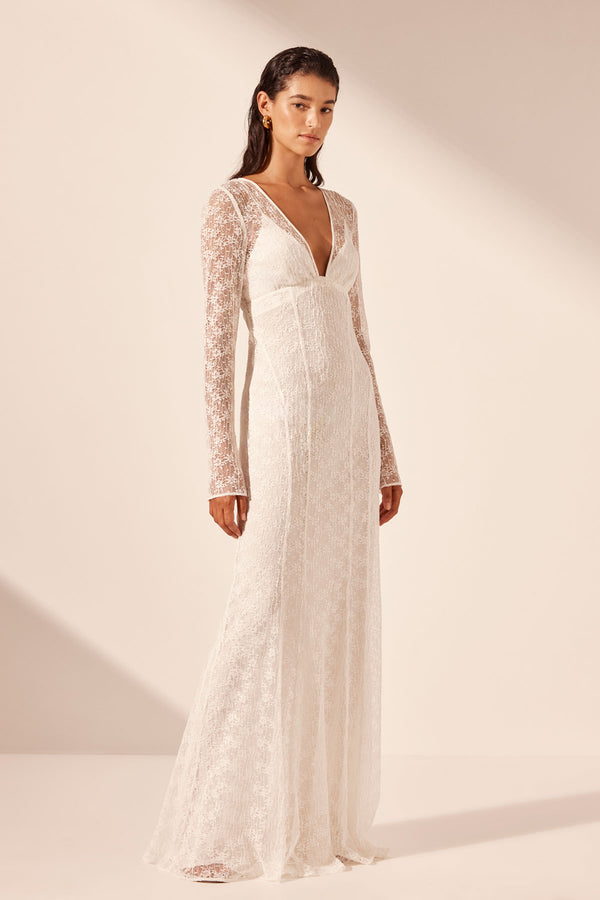 LA LUNE SOL LACE PLUNGED PANELLED MAXI DRESS - IVORY_A2