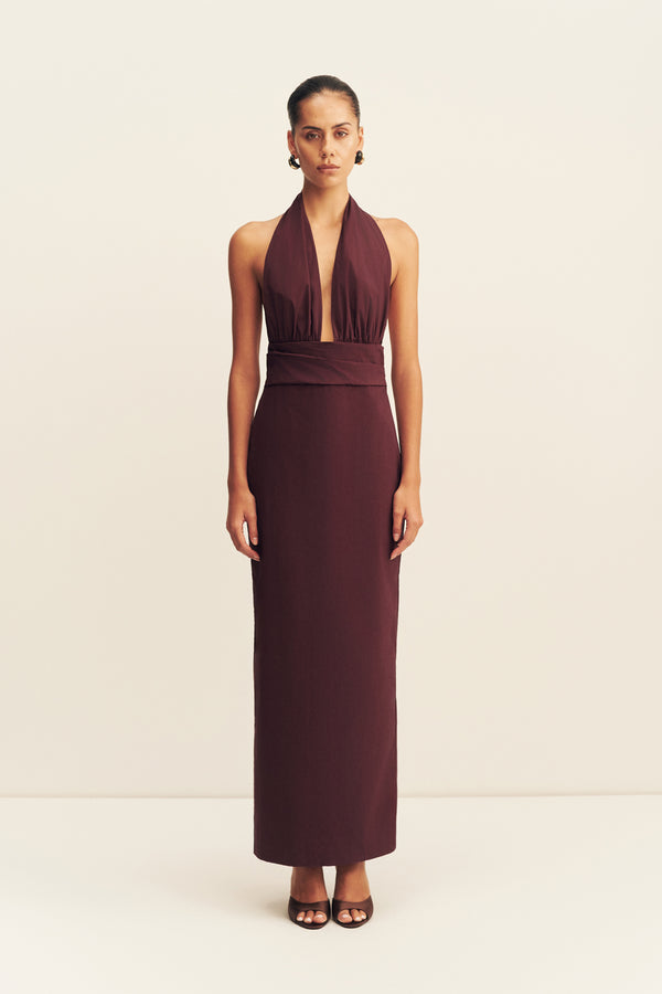 CAMPBELL HALTER PLUNGED MAXI DRESS - WINE TASTING_F