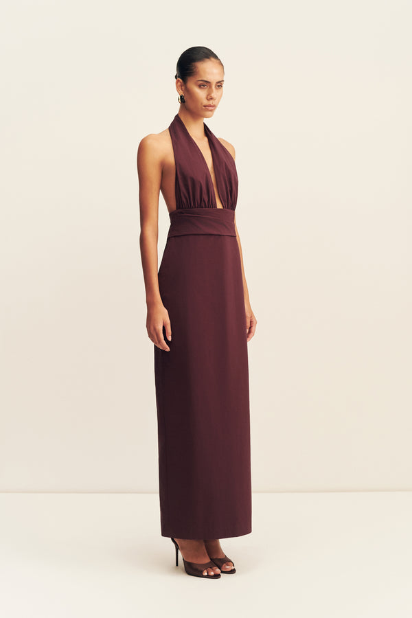 CAMPBELL HALTER PLUNGED MAXI DRESS - WINE TASTING