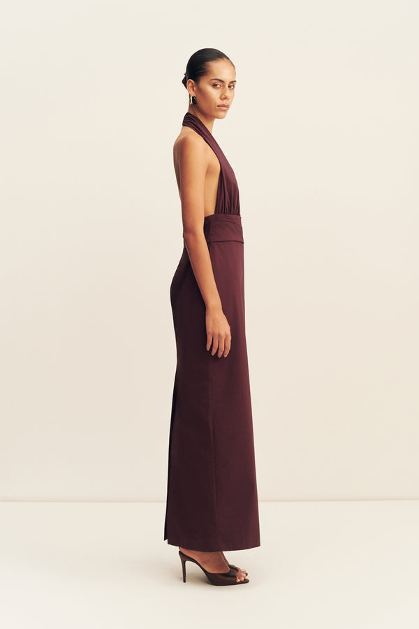 CAMPBELL HALTER PLUNGED MAXI DRESS - WINE TASTING