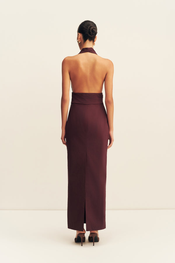 CAMPBELL HALTER PLUNGED MAXI DRESS - WINE TASTING