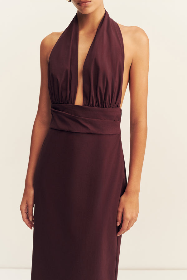 CAMPBELL HALTER PLUNGED MAXI DRESS - WINE TASTING