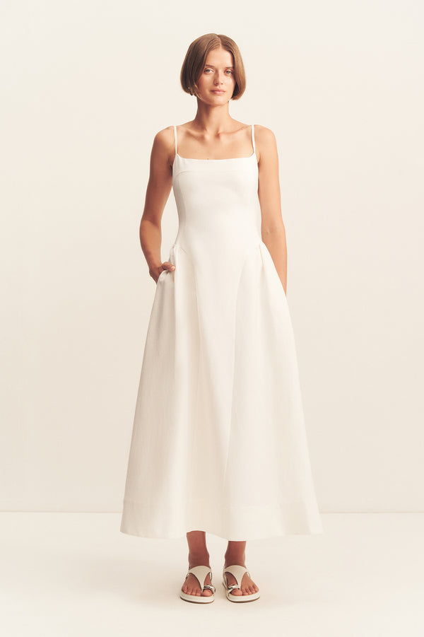 GIGI SQUARE NECK PANELLED MIDI DRESS - IVORY_F