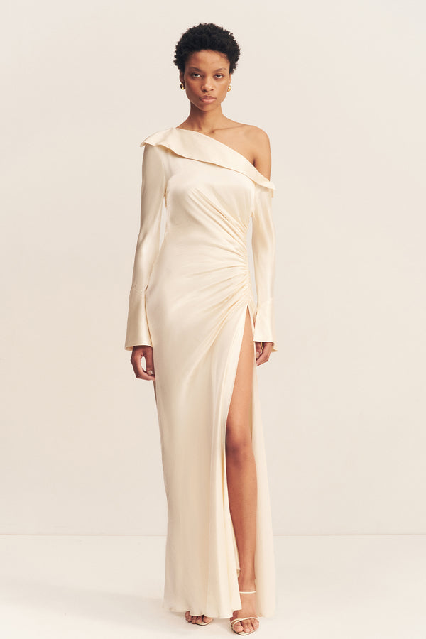 LA LUNE LONG SLEEVE GATHERED MAXI DRESS - CREAM_F