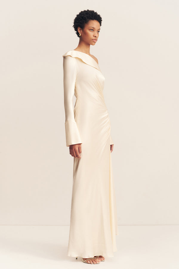 LA LUNE LONG SLEEVE GATHERED MAXI DRESS - CREAM_A