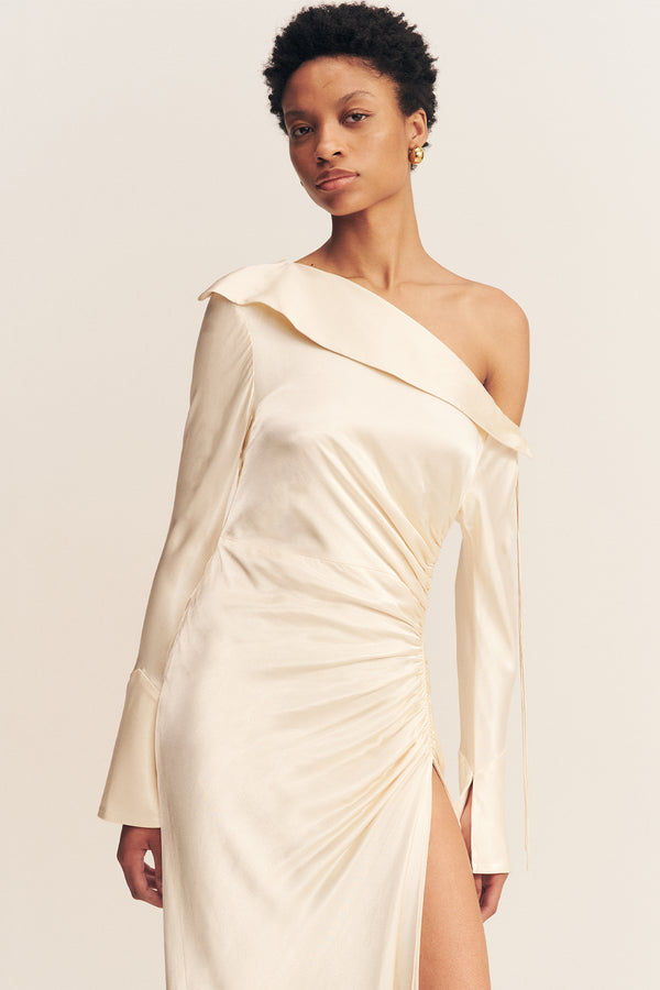 LA LUNE LONG SLEEVE GATHERED MAXI DRESS - CREAM_D