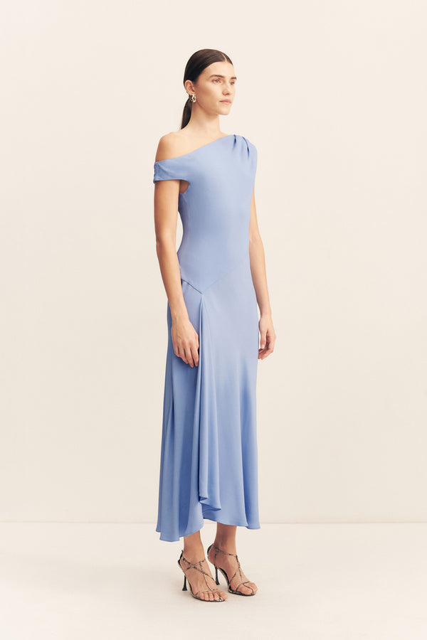 RIO ASYMMETRICAL DRAPED MIDI DRESS - CORNFLOWER BLUE