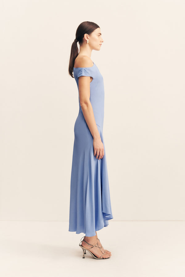 RIO ASYMMETRICAL DRAPED MIDI DRESS - CORNFLOWER BLUE