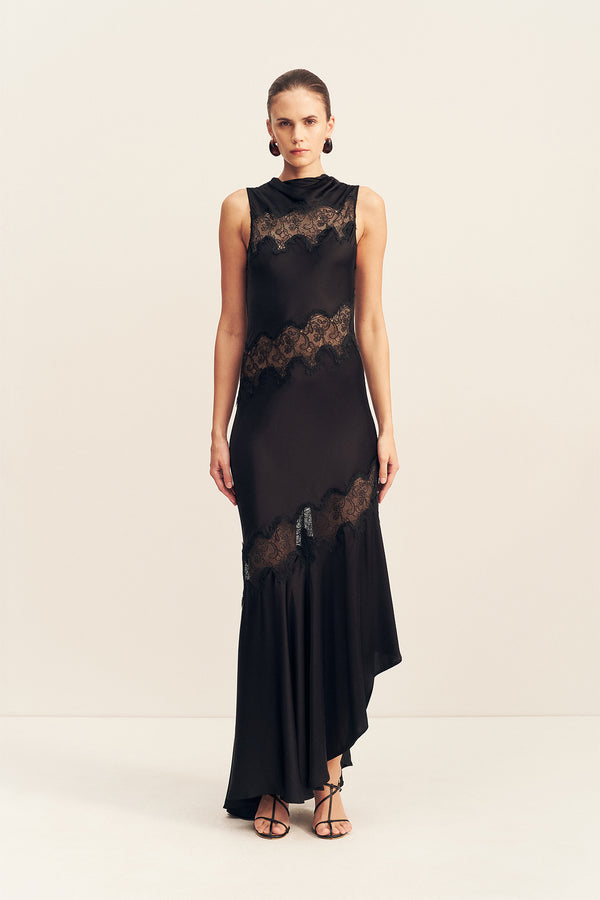 SIMONA ASYMMETRICAL PANELLED MAXI DRESS - BLACK