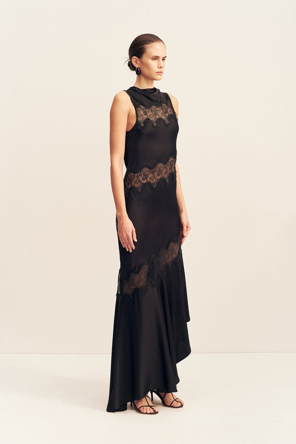 SIMONA ASYMMETRICAL PANELLED MAXI DRESS - BLACK