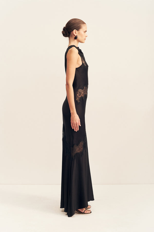 SIMONA ASYMMETRICAL PANELLED MAXI DRESS - BLACK