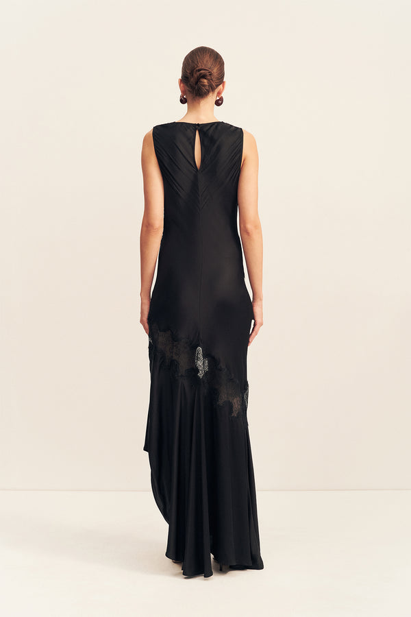SIMONA ASYMMETRICAL PANELLED MAXI DRESS - BLACK