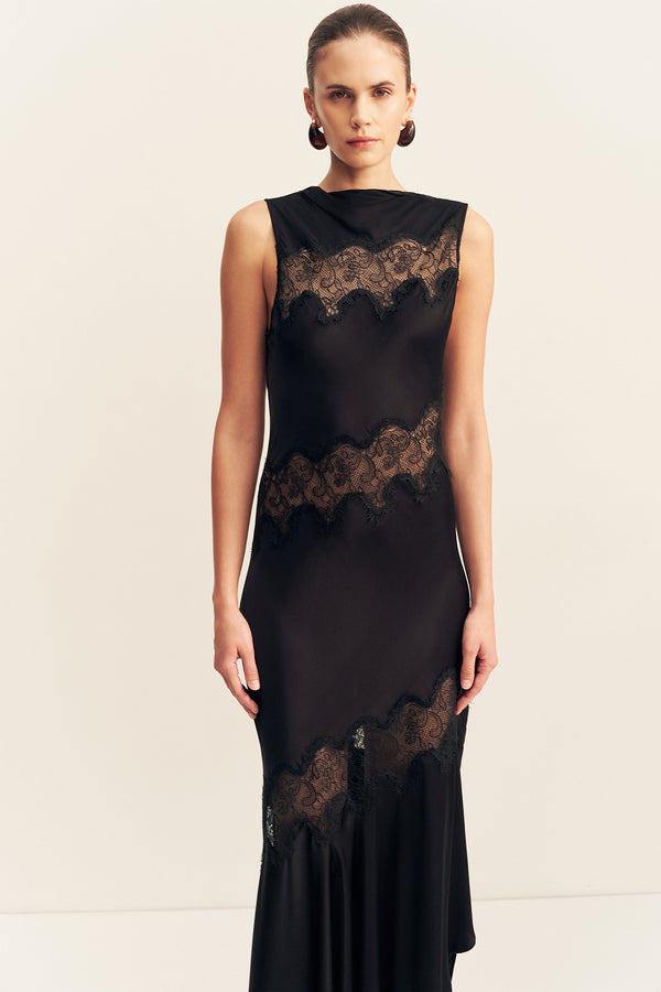 SIMONA ASYMMETRICAL PANELLED MAXI DRESS - BLACK