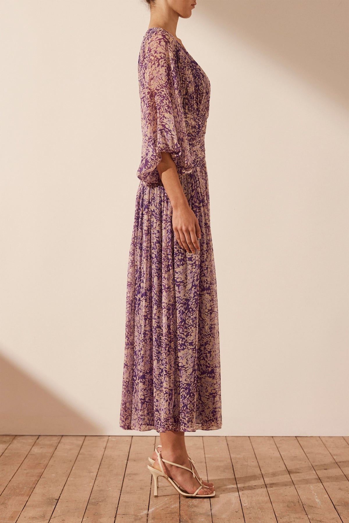 Aurier Long Sleeve V Neck Midi Dress, Purple/Multi