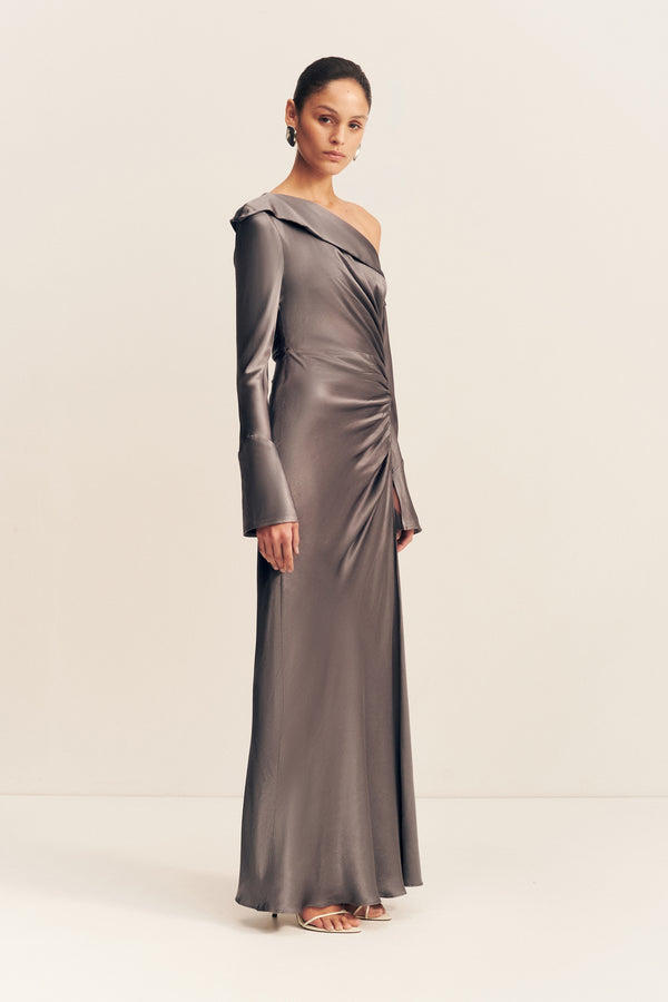 LA LUNE LONG SLEEVE GATHERED MAXI DRESS - GRAPHITE_A