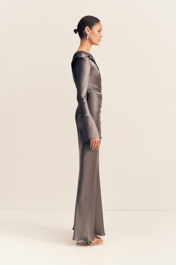 LA LUNE LONG SLEEVE GATHERED MAXI DRESS - GRAPHITE_S