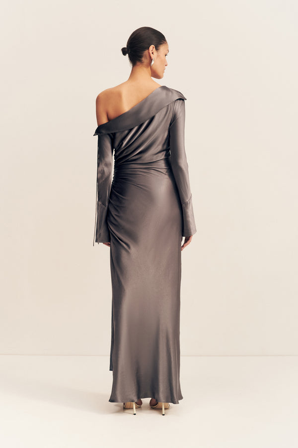 LA LUNE LONG SLEEVE GATHERED MAXI DRESS - GRAPHITE_B
