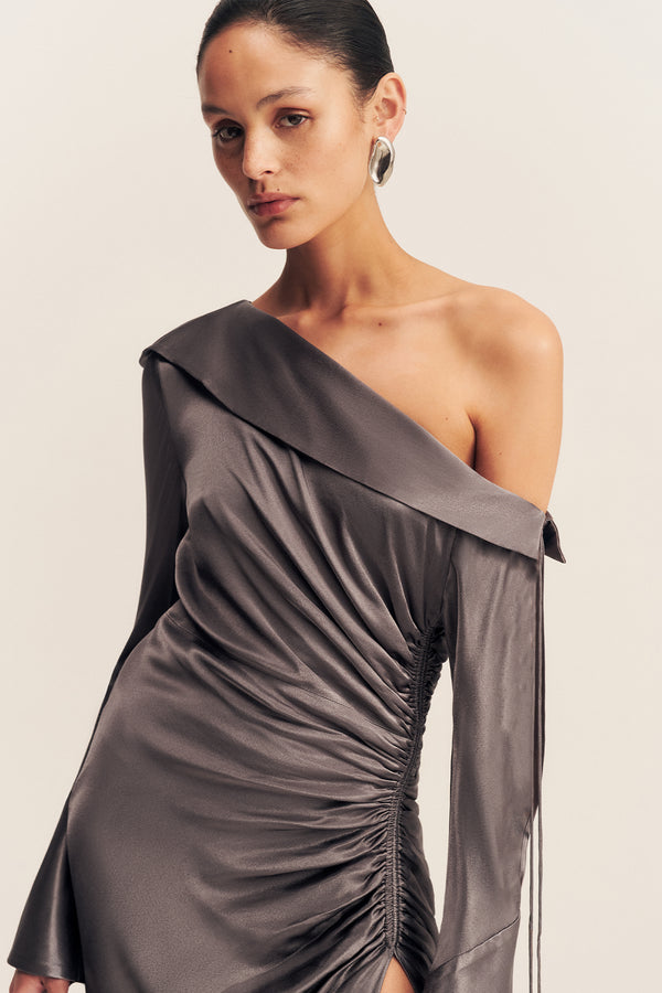 LA LUNE LONG SLEEVE GATHERED MAXI DRESS - GRAPHITE
