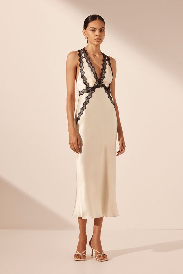 CAMILLE LACE CROSS BACK MIDI DRESS - CREAM/BLACK_F