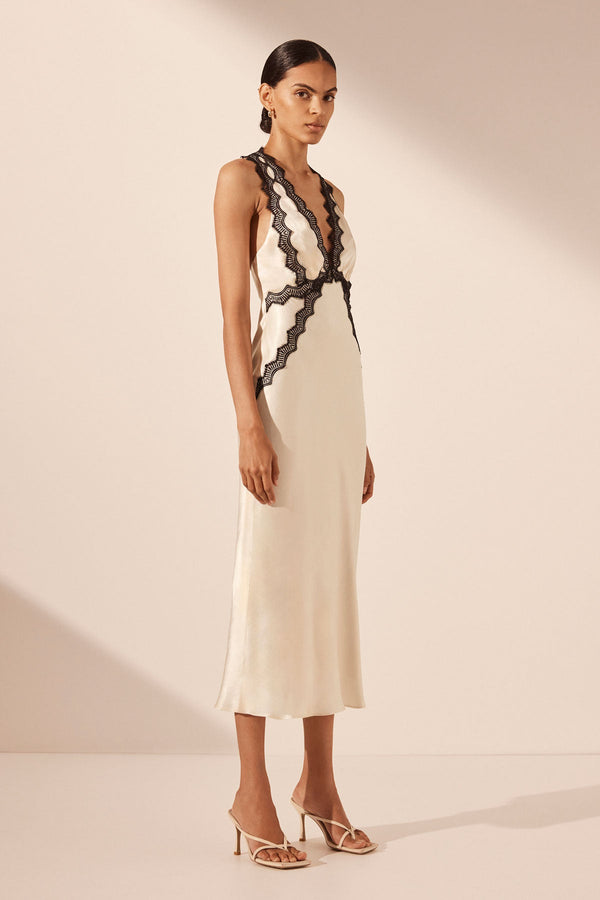 CAMILLE LACE CROSS BACK MIDI DRESS - CREAM/BLACK_A