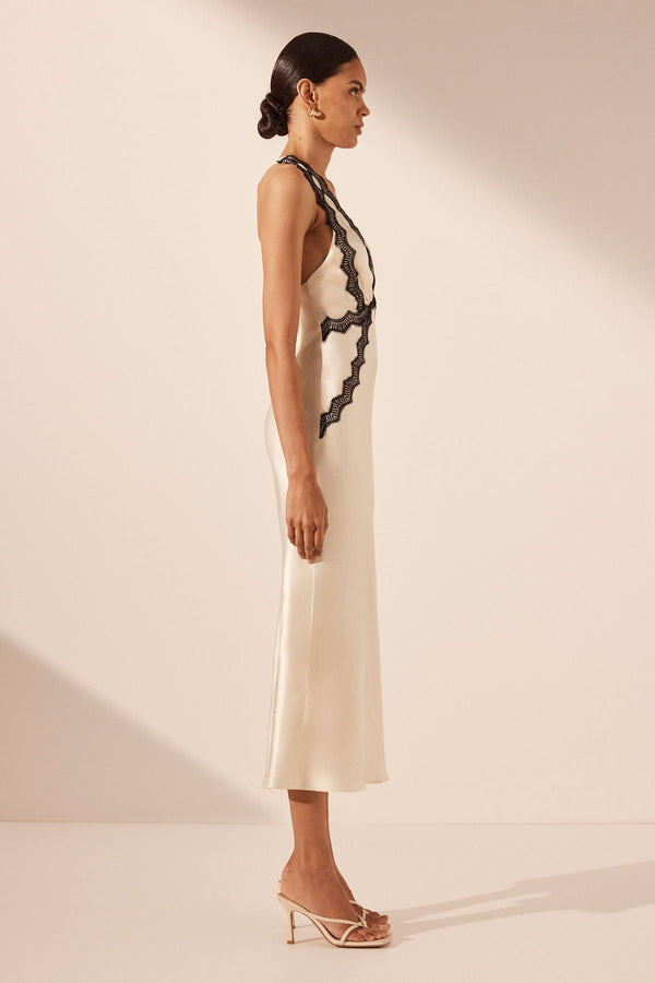 CAMILLE LACE CROSS BACK MIDI DRESS - CREAM/BLACK_S