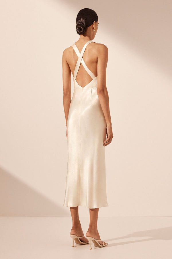 CAMILLE LACE CROSS BACK MIDI DRESS - CREAM/BLACK_B