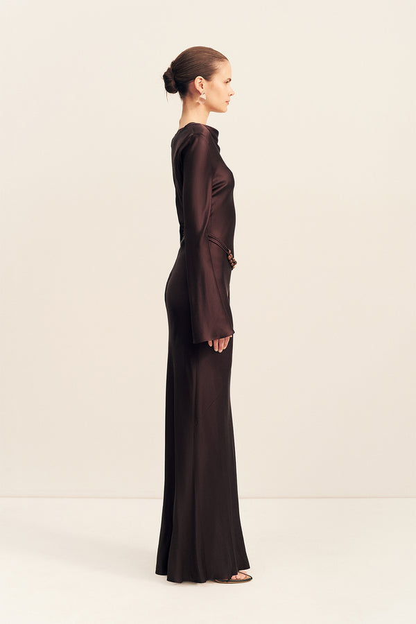 AGNES LONG SLEEVE MAXI DRESS WITH BELT - ESPRESSO