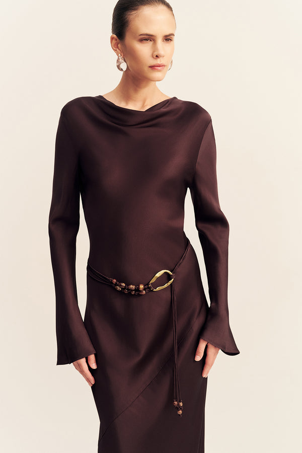 AGNES LONG SLEEVE MAXI DRESS WITH BELT - ESPRESSO