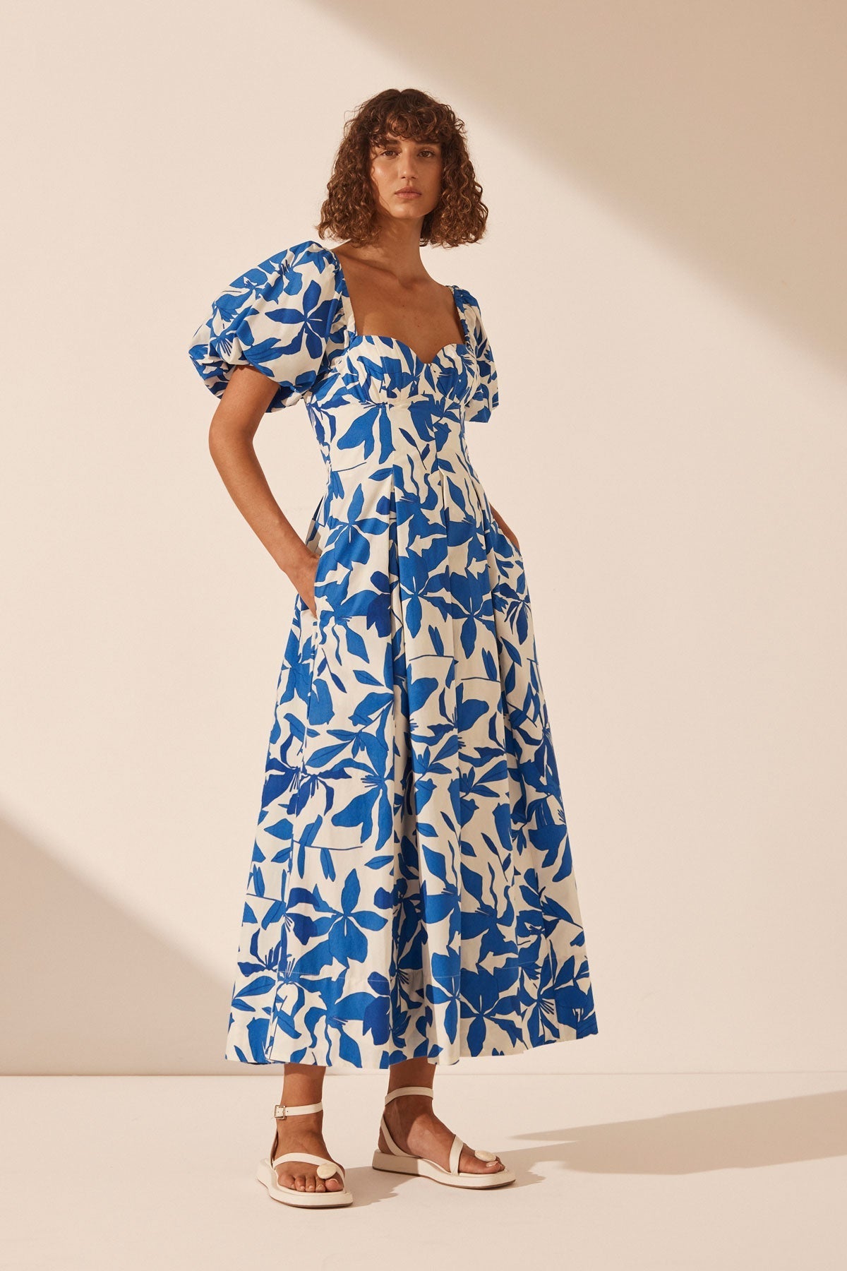 Bleue Puff Sleeve Bustier Midi Dress | Ivory/Aqua | Dresses | Shona Joy