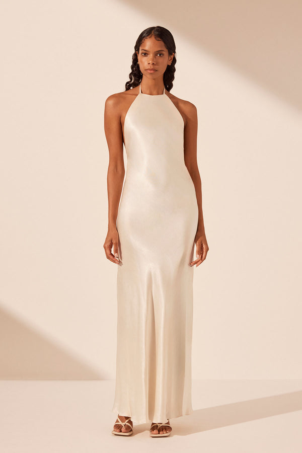 LA LUNE LOW BACK HALTER NECK MIDI DRESS - CREAM_F