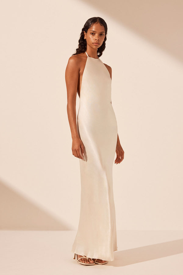 LA LUNE LOW BACK HALTER NECK MIDI DRESS - CREAM_A