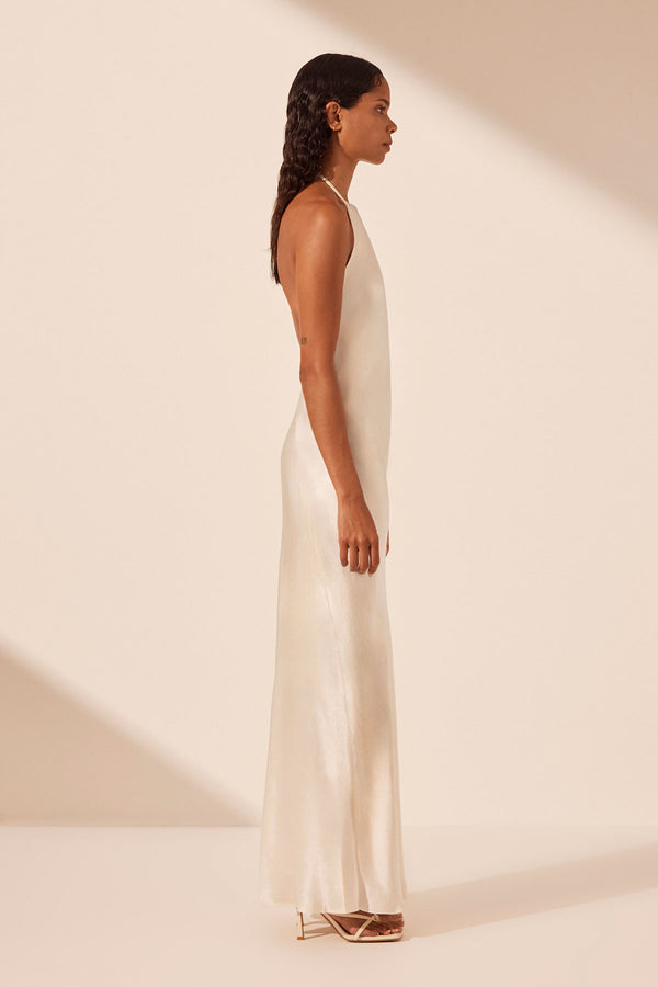 LA LUNE LOW BACK HALTER NECK MIDI DRESS - CREAM_S