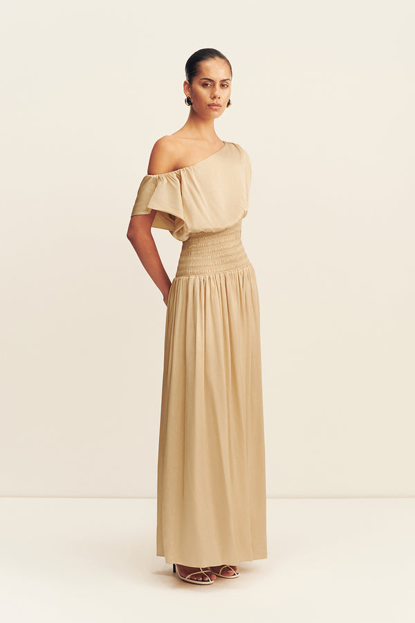 AGNES SHIRRED ASYMMETRICAL BLOUSON MAXI DRESS - OAT