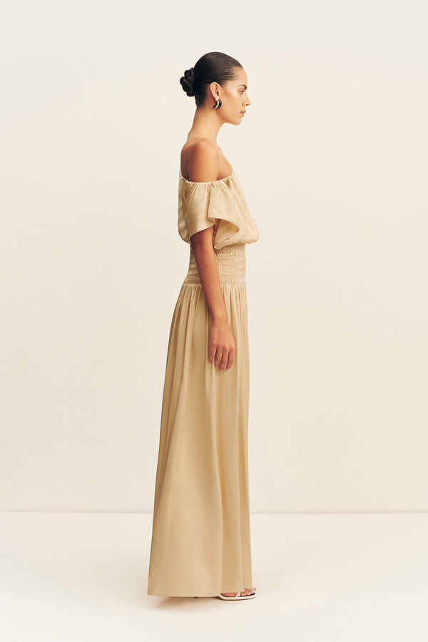 AGNES SHIRRED ASYMMETRICAL BLOUSON MAXI DRESS - OAT