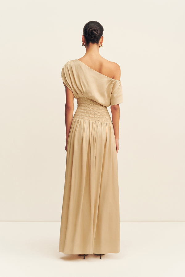 AGNES SHIRRED ASYMMETRICAL BLOUSON MAXI DRESS - OAT