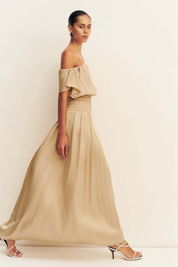 AGNES SHIRRED ASYMMETRICAL BLOUSON MAXI DRESS - OAT
