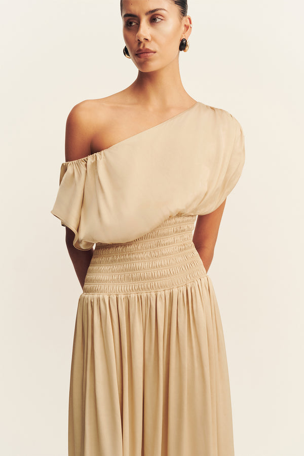 AGNES SHIRRED ASYMMETRICAL BLOUSON MAXI DRESS - OAT