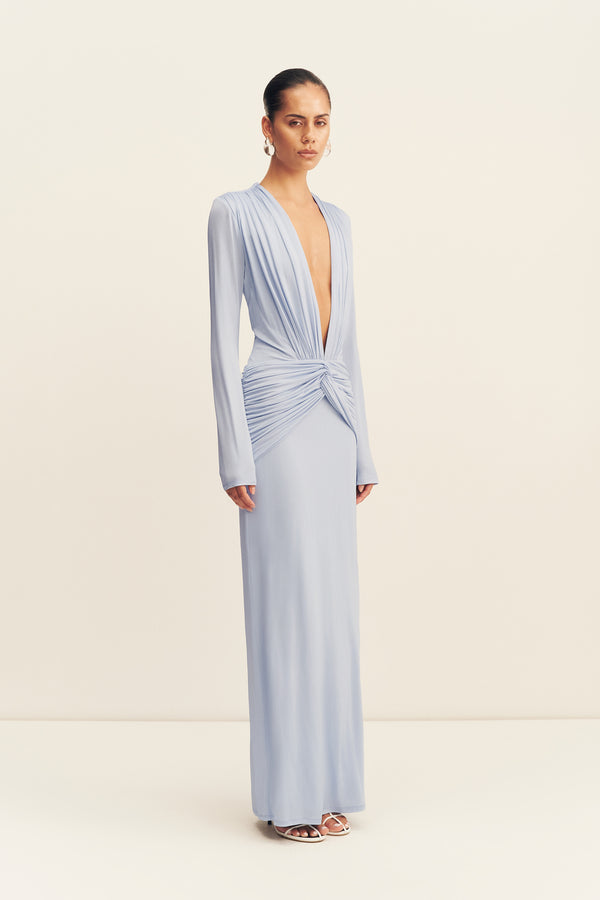 MIRO SLINKY JERSEY LONG SLEEVE PLUNGED MAXI DRESS - SKY