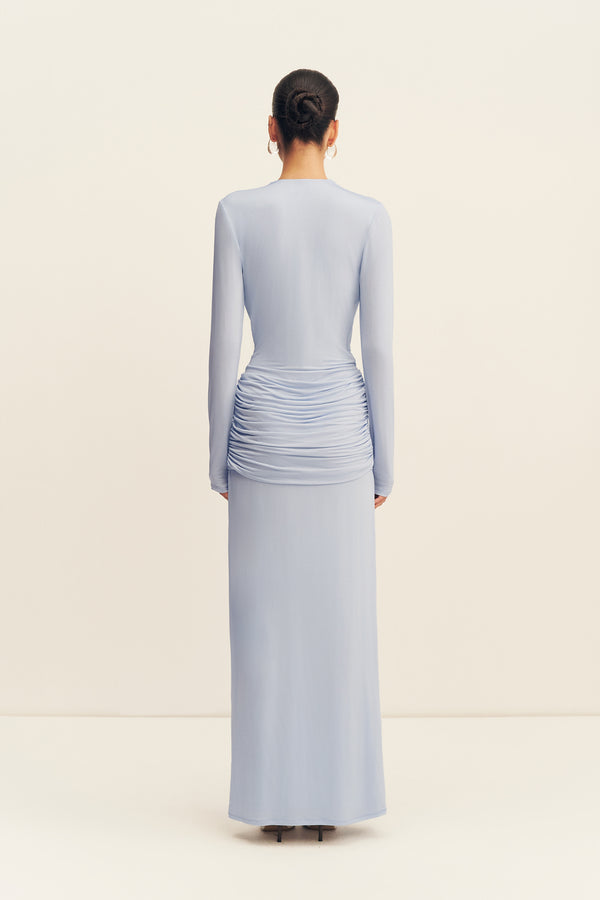 MIRO SLINKY JERSEY LONG SLEEVE PLUNGED MAXI DRESS - SKY