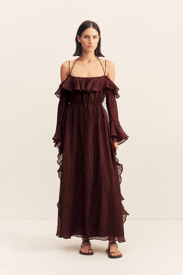 ANIKA TIERED RUFFLE MAXI DRESS - UMBER_F