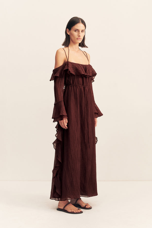 ANIKA TIERED RUFFLE MAXI DRESS - UMBER