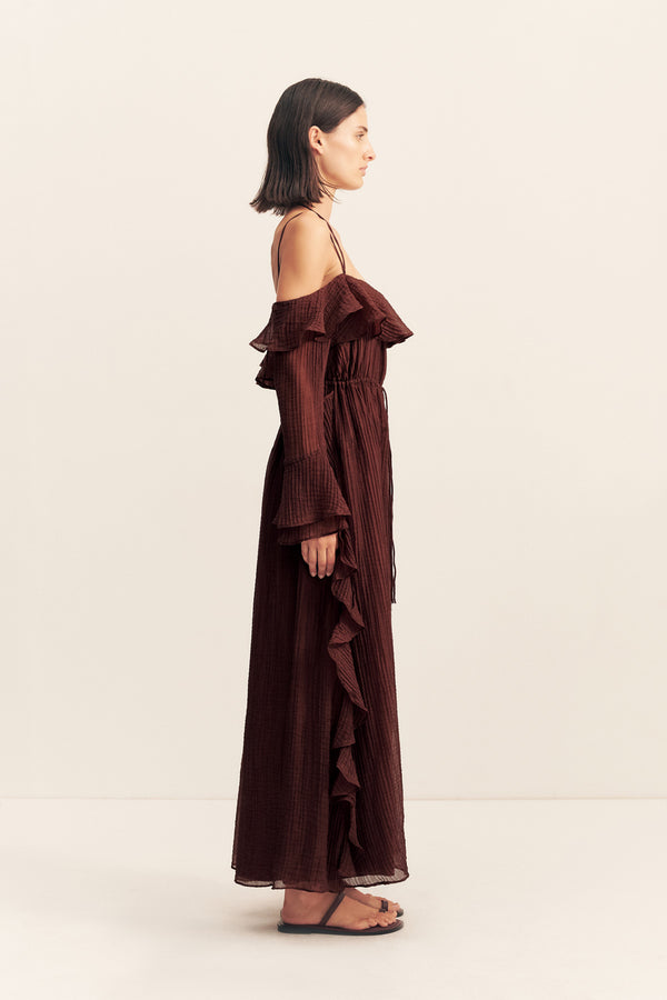 ANIKA TIERED RUFFLE MAXI DRESS - UMBER