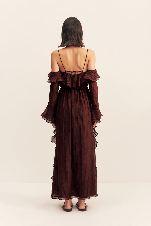 ANIKA TIERED RUFFLE MAXI DRESS - UMBER