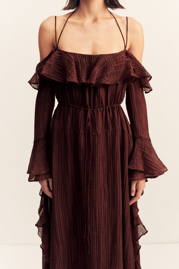 ANIKA TIERED RUFFLE MAXI DRESS - UMBER