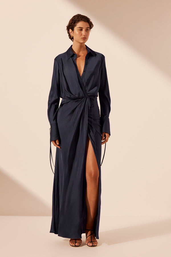 SHAE DRAPED SHIRT MAXI DRESS - AEGEAN BLUE_F