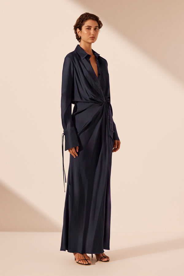 SHAE DRAPED SHIRT MAXI DRESS - AEGEAN BLUE_A